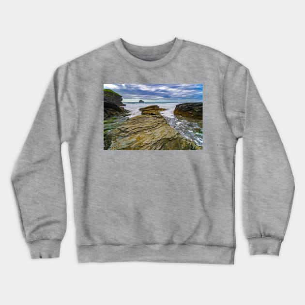 Trebarwith Strand at High Tide, Cornwall Crewneck Sweatshirt by BrianPShaw